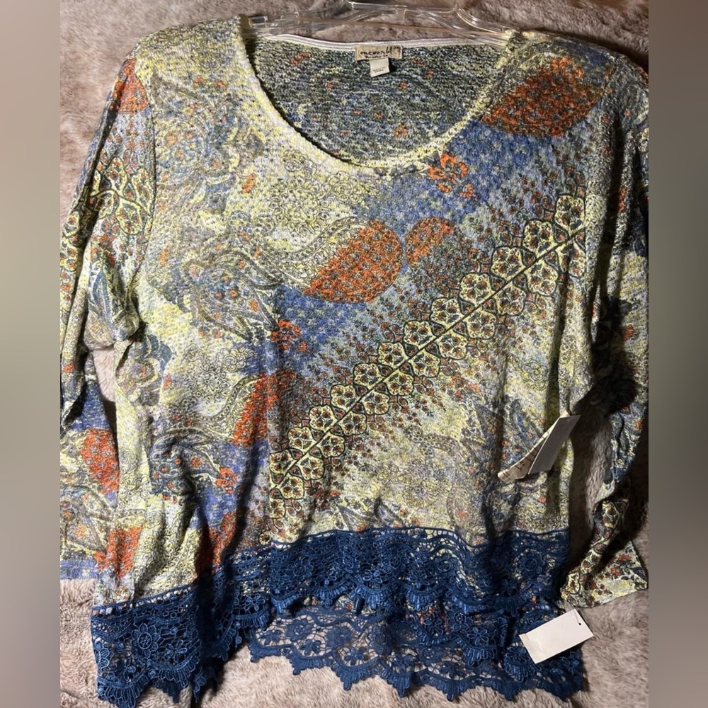 One World Live and Let Live Boho Patchwork Lace Hem Top 3X NWT Mermaid Vibes